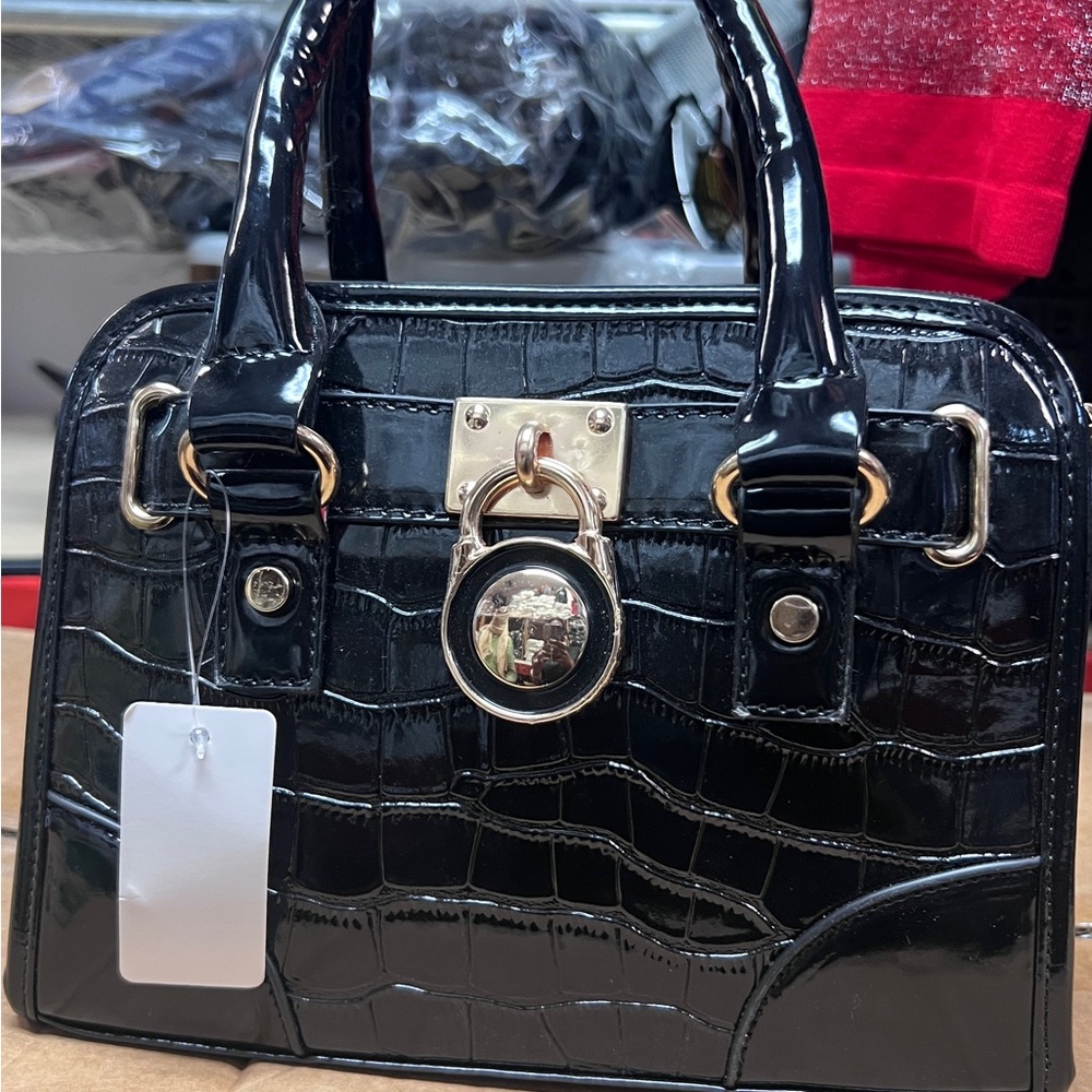 Elegant Black Crocodile-Embossed Handbag